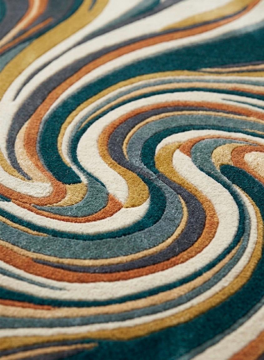 Mid Century Modern Swirl Wool Rug | Teal Mustard Cream Abstract Area Rug