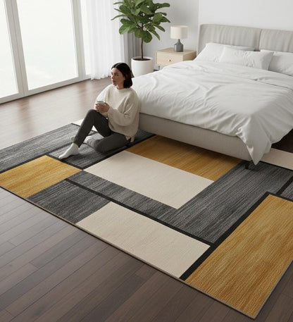 Handmade Geometric Area Rug | Grey, Ivory & Mustard Carpet