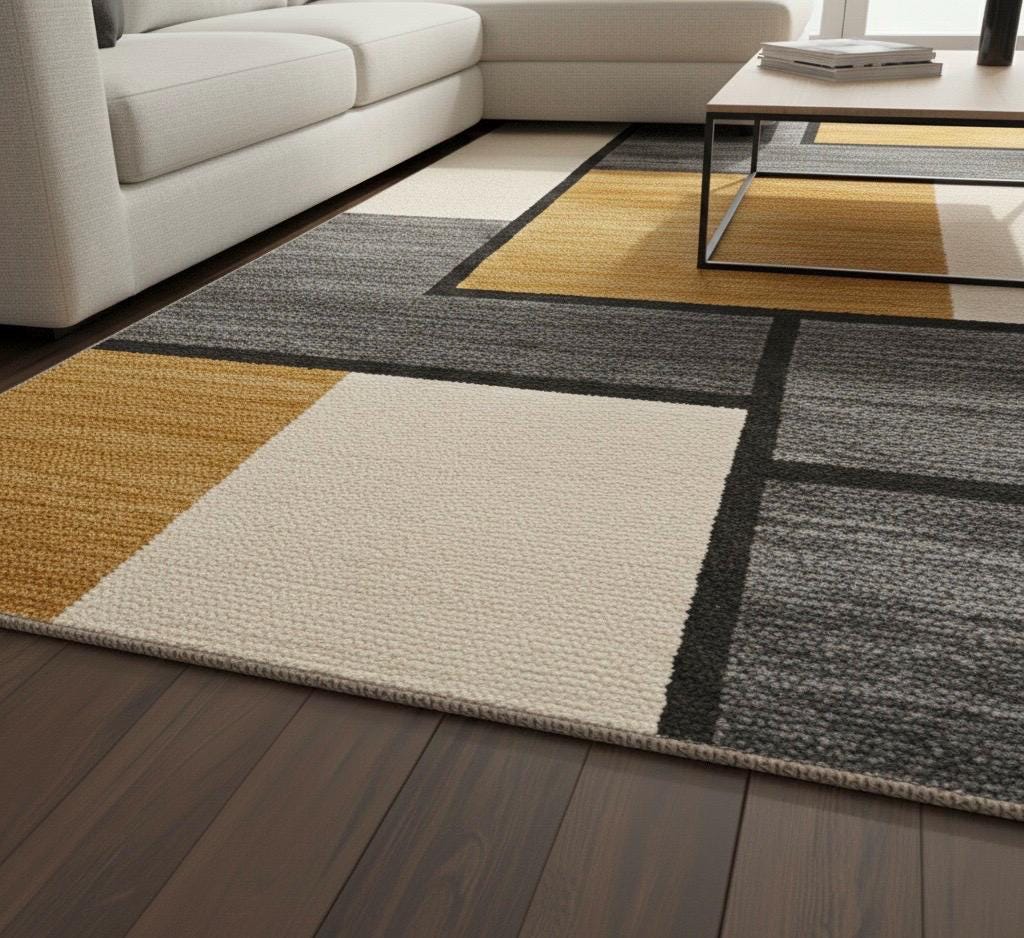 Handmade Geometric Area Rug | Grey, Ivory & Mustard Carpet