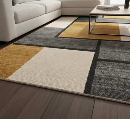 Handmade Geometric Area Rug | Grey, Ivory & Mustard Carpet