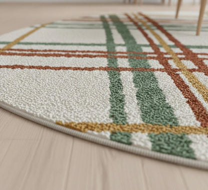 Luxury Handwoven Round Plaid Rug | Modern Neutral Bedroom and Living Room Accent Carpet