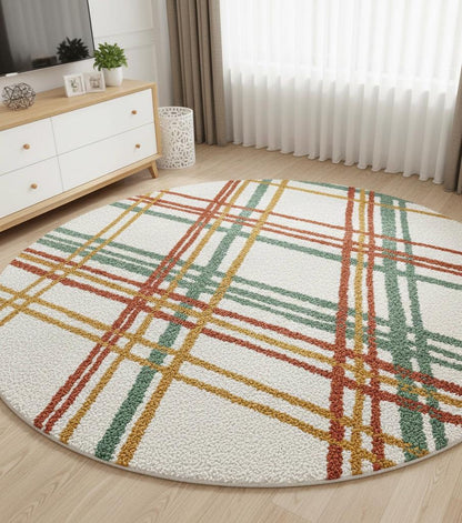 Luxury Handwoven Round Plaid Rug | Modern Neutral Bedroom and Living Room Accent Carpet
