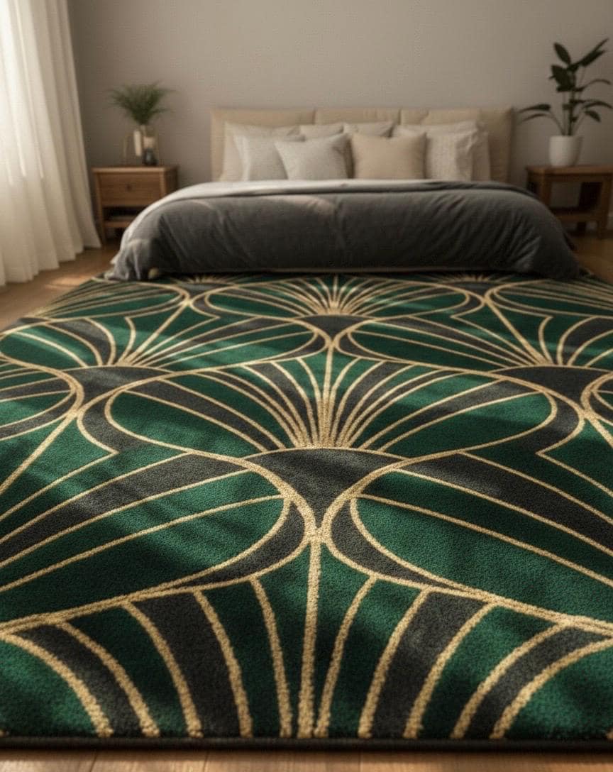 Luxury Art Deco Emerald & Gold Sculpted Rug - Hand-Carved 3D Fan Pattern - Mid-Century Modern Glam Area Rug - Premium Velvet Touch