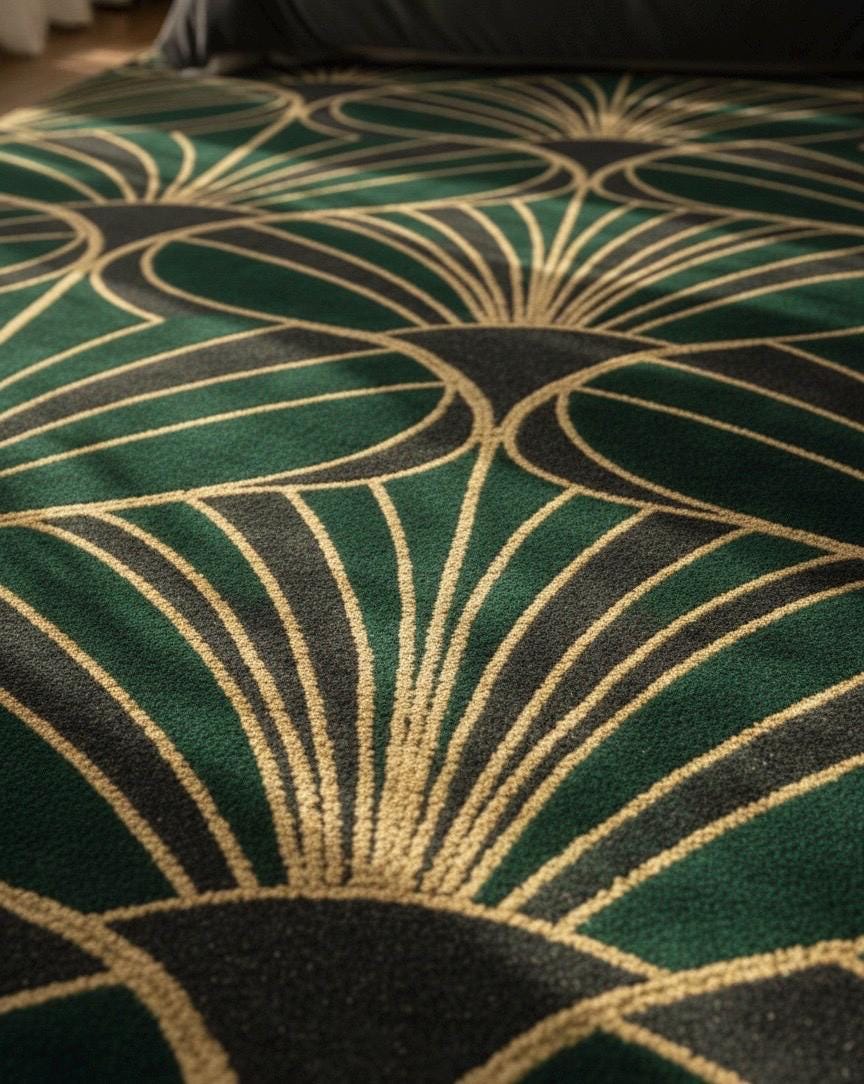 Luxury Art Deco Emerald & Gold Sculpted Rug - Hand-Carved 3D Fan Pattern - Mid-Century Modern Glam Area Rug - Premium Velvet Touch