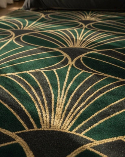 Luxury Art Deco Emerald & Gold Sculpted Rug - Hand-Carved 3D Fan Pattern - Mid-Century Modern Glam Area Rug - Premium Velvet Touch
