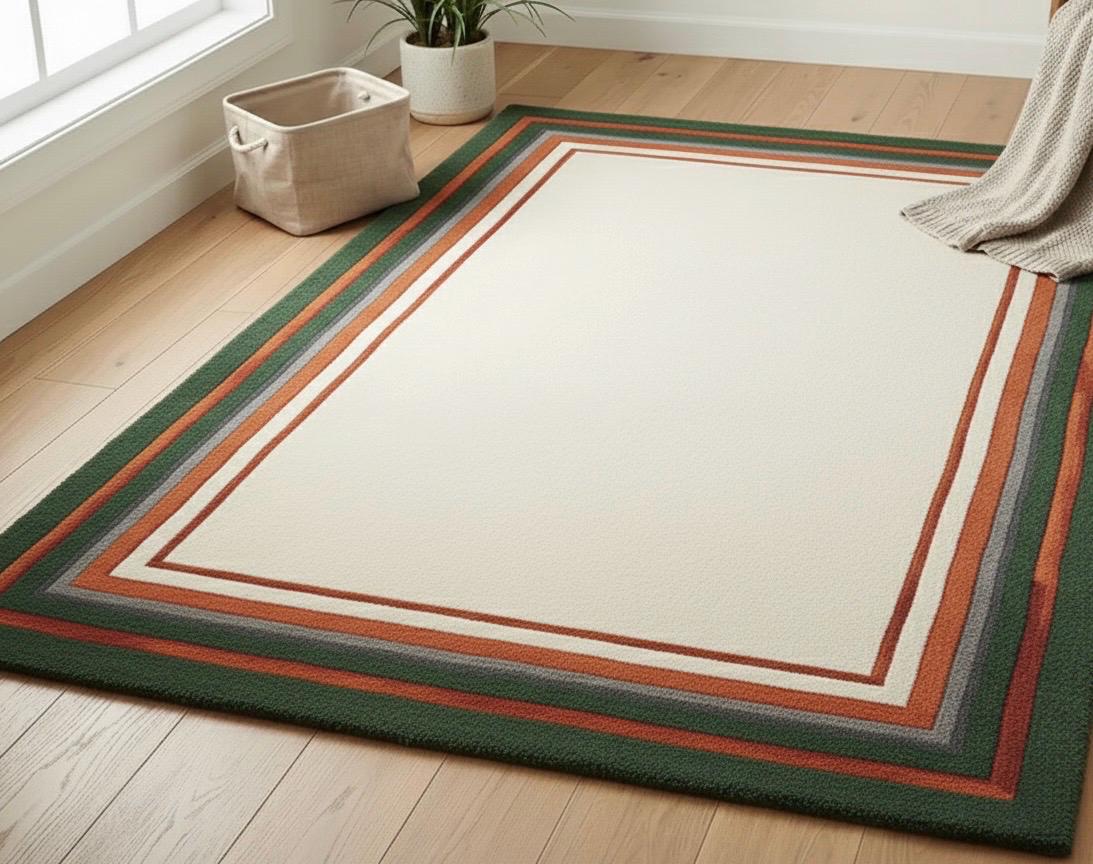 Hand tufted rug Modern Bordered Wool Area Rug | Earthy Green, Terracotta & Slate Grey | Hand-Tufted Minimalist Rug for Living Room, Bedroom