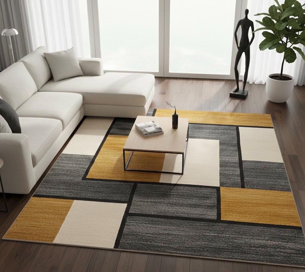 Handmade Geometric Area Rug | Grey, Ivory & Mustard Carpet