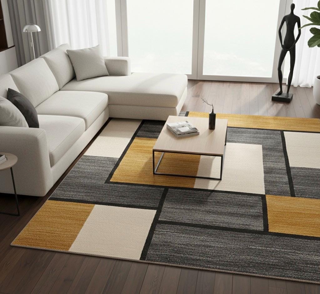 Handmade Geometric Area Rug | Grey, Ivory & Mustard Carpet