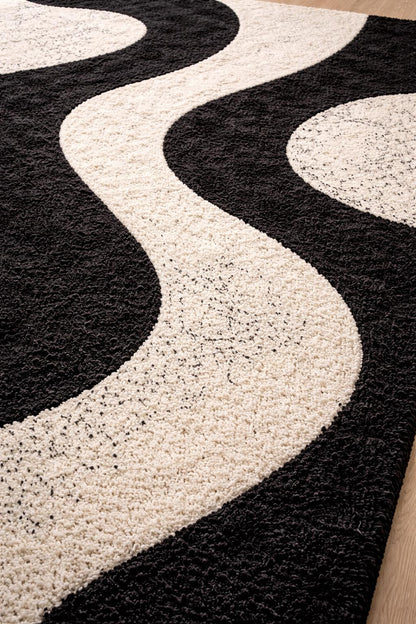 Black and White Abstract Wool Rug | Hand Tufted Modern Area Rug | Luxury Scandinavian Minimalist Carpet | Contemporary Bedroom Rug