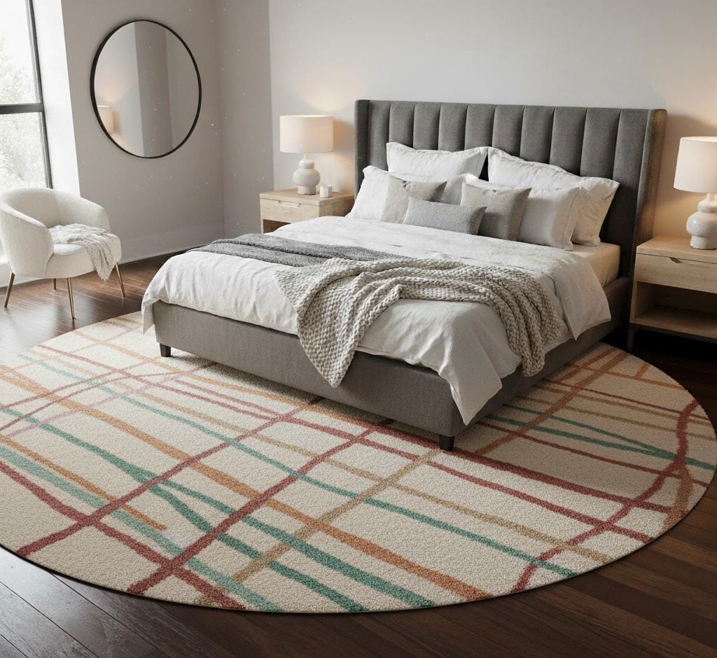 Handmade Tufted Round Area Rug: Pastel Grid, Scandinavian Boho