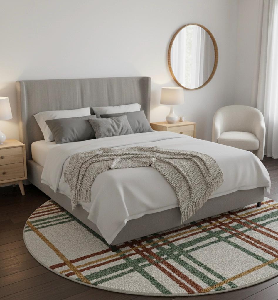 Luxury Handwoven Round Plaid Rug | Modern Neutral Bedroom and Living Room Accent Carpet