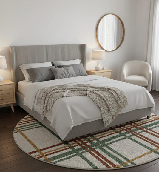Luxury Handwoven Round Plaid Rug | Modern Neutral Bedroom and Living Room Accent Carpet