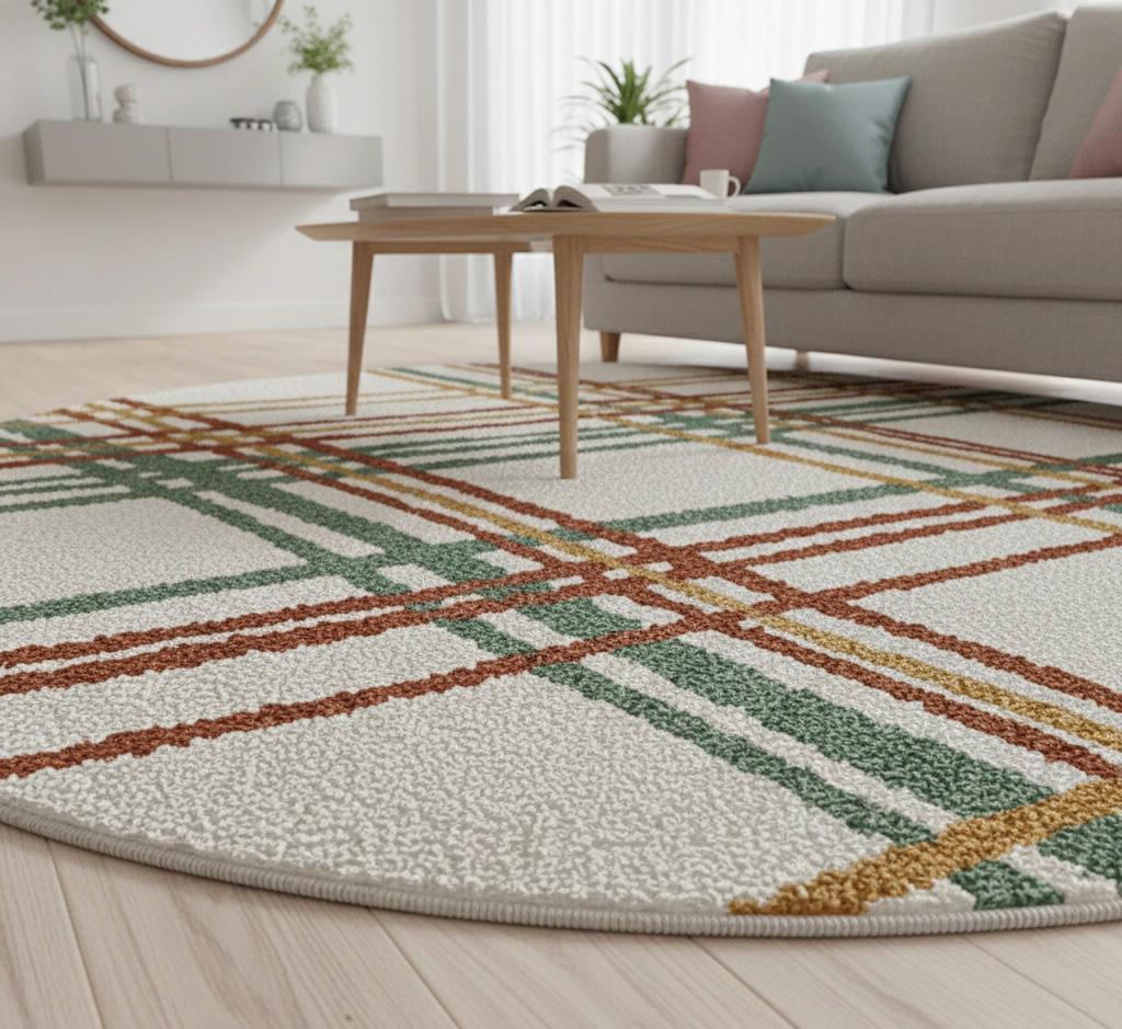 Luxury Handwoven Round Plaid Rug | Modern Neutral Bedroom and Living Room Accent Carpet