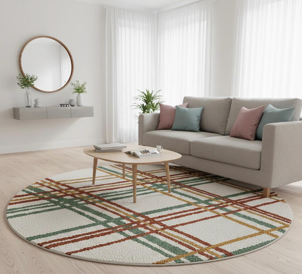 Luxury Handwoven Round Plaid Rug | Modern Neutral Bedroom and Living Room Accent Carpet