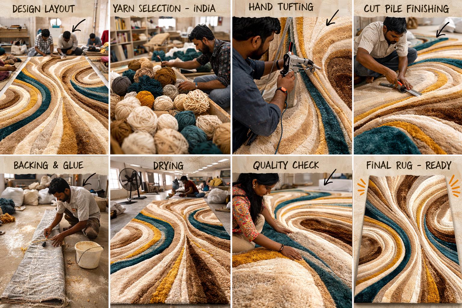 Luxury Hand Tufted Wool Rug | Abstract Beige Brown Teal Area Rug | Modern Bedroom Carpet | Contemporary Cut Pile Rug | Custom 8x10  9x10 rug
