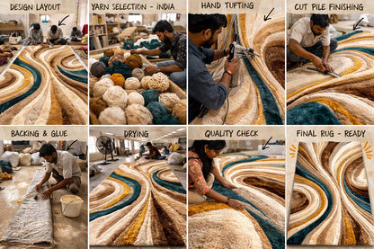 Luxury Hand Tufted Wool Rug | Abstract Beige Brown Teal Area Rug | Modern Bedroom Carpet | Contemporary Cut Pile Rug | Custom 8x10  9x10 rug
