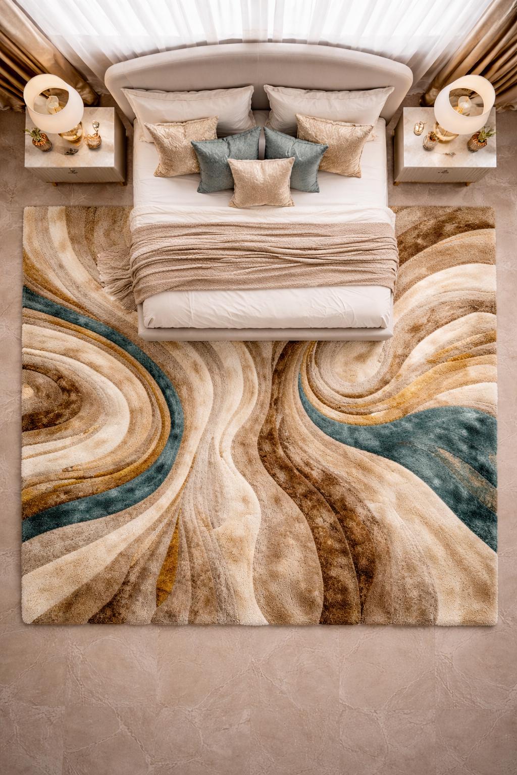 Luxury Hand Tufted Wool Rug | Abstract Beige Brown Teal Area Rug | Modern Bedroom Carpet | Contemporary Cut Pile Rug | Custom 8x10  9x10 rug