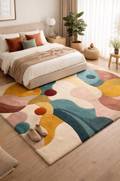 Hand Tufted Wool Rug | Modern Abstract Area Rug | Luxury Cut Pile Carpet | Colorful Contemporary Bedroom Living Room Rug | 8x10 9x12 rug