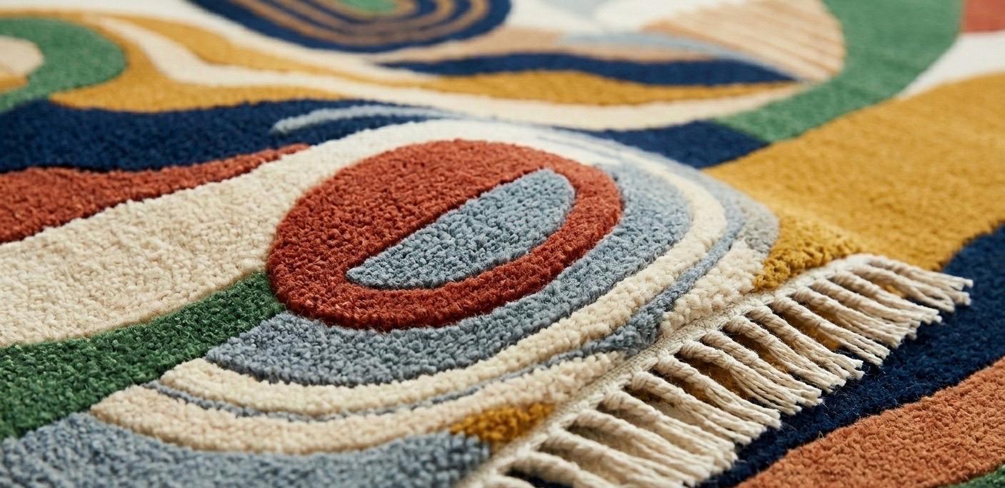 Modern Mid-Century Tufted Wool Rug with Geometric Abstract Shapes | Vibrant Colors (Blue, Terracotta, Ochre)  and Fringe | hand tufted rug