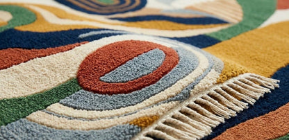 Modern Mid-Century Tufted Wool Rug with Geometric Abstract Shapes | Vibrant Colors (Blue, Terracotta, Ochre)  and Fringe | hand tufted rug