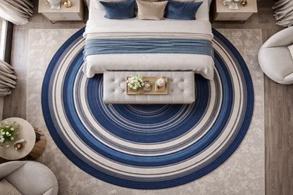 Luxury Round Blue Geometric Rug | Hand Tufted Modern Circle Area Rug Plush Wool Bedroom and Living Room Carpet Contemporary Home Decor |