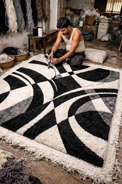 Luxury Black White Abstract Rug | Modern Hand Tufted Wool Area Rug | Luxury Geometric Shag Carpet | Contemporary Living Room Bedroom Rug |