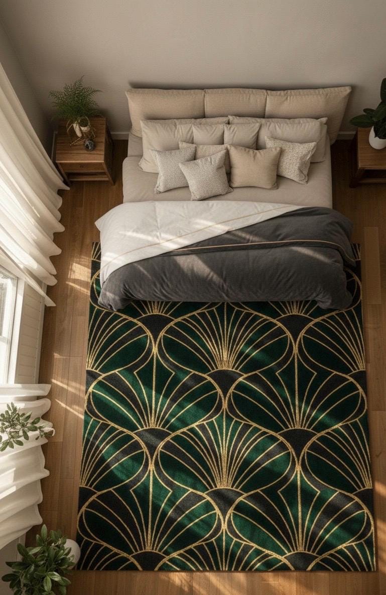 Luxury Art Deco Emerald & Gold Sculpted Rug - Hand-Carved 3D Fan Pattern - Mid-Century Modern Glam Area Rug - Premium Velvet Touch