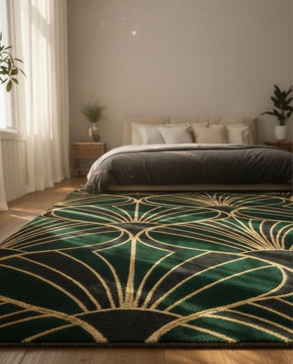 Luxury Art Deco Emerald & Gold Sculpted Rug - Hand-Carved 3D Fan Pattern - Mid-Century Modern Glam Area Rug - Premium Velvet Touch