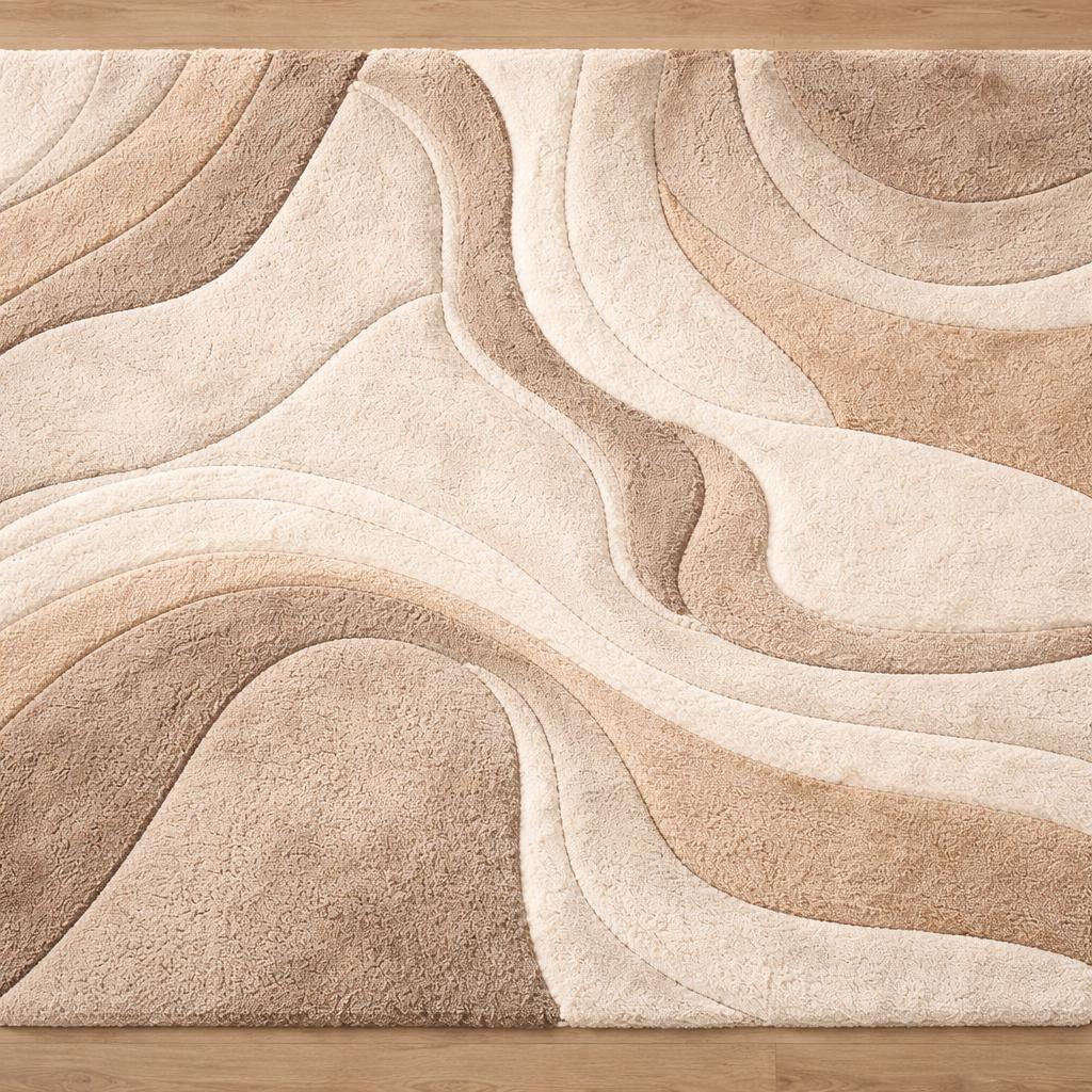 Luxury Hand Tufted Wool Rug | High Pile Abstract Rug | Neutral Beige Cream Area Rug | Modern Bedroom Carpet | Plush 3D Carved Wool Rug