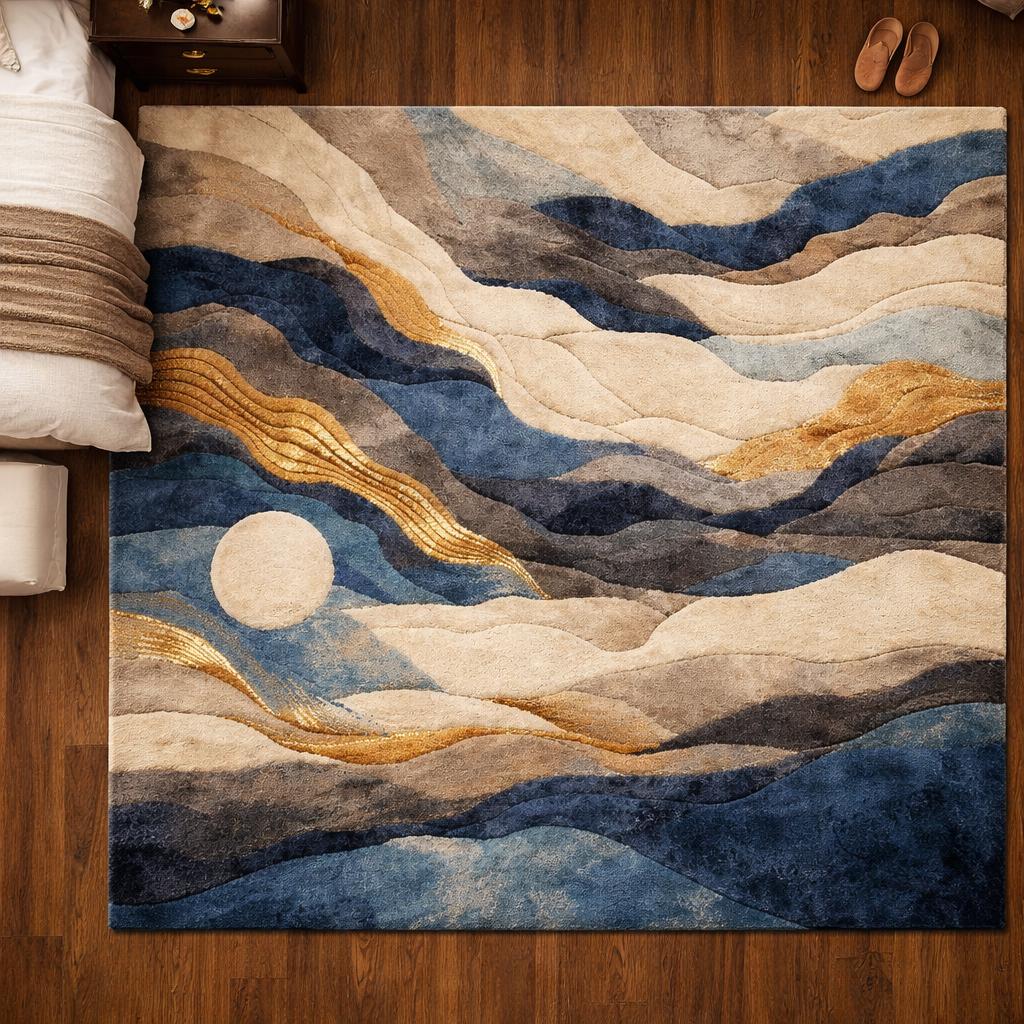 Luxury Hand Tufted Wool Rug | Abstract Ocean Waves with Golden Accents | Modern High Pile Area Rug for Bedroom & Living Room | Premium rug