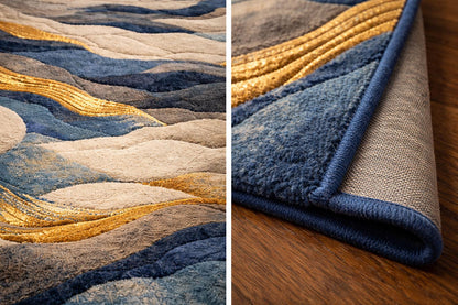 Luxury Hand Tufted Wool Rug | Abstract Ocean Waves with Golden Accents | Modern High Pile Area Rug for Bedroom & Living Room | Premium rug