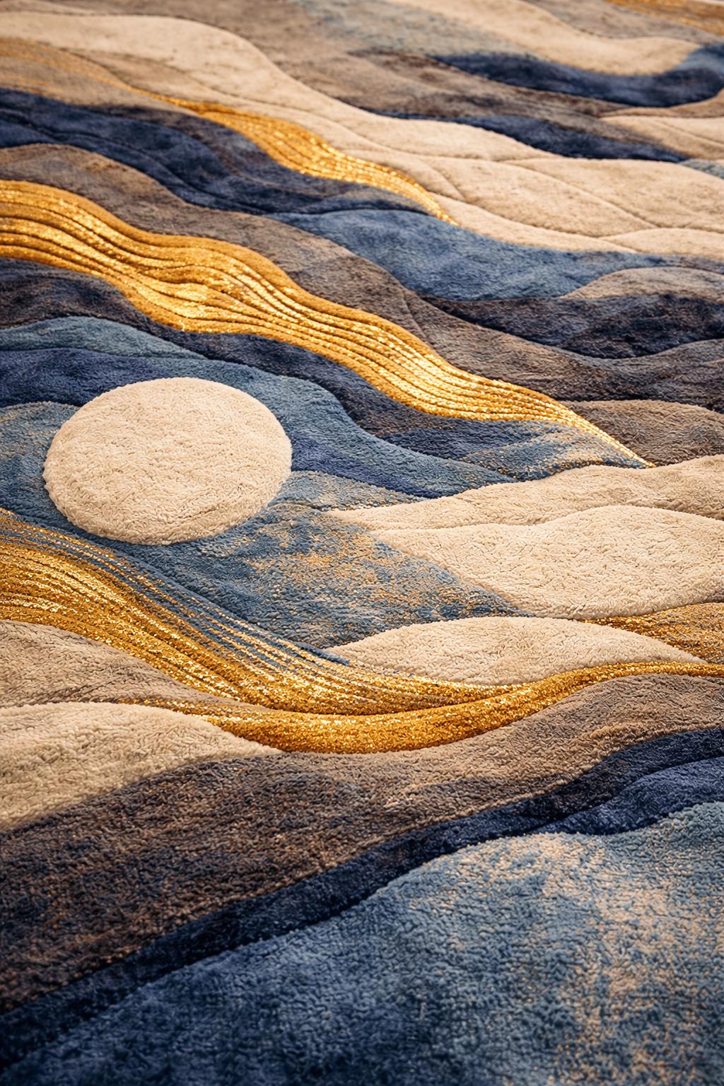 Luxury Hand Tufted Wool Rug | Abstract Ocean Waves with Golden Accents | Modern High Pile Area Rug for Bedroom & Living Room | Premium rug