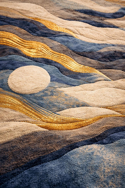 Luxury Hand Tufted Wool Rug | Abstract Ocean Waves with Golden Accents | Modern High Pile Area Rug for Bedroom & Living Room | Premium rug