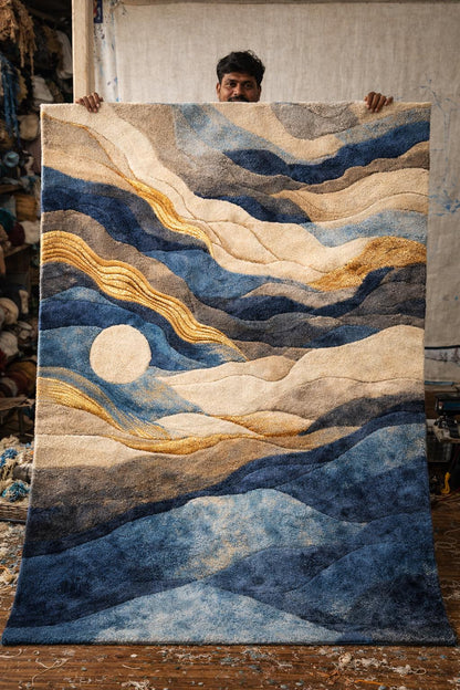 Luxury Hand Tufted Wool Rug | Abstract Ocean Waves with Golden Accents | Modern High Pile Area Rug for Bedroom & Living Room | Premium rug