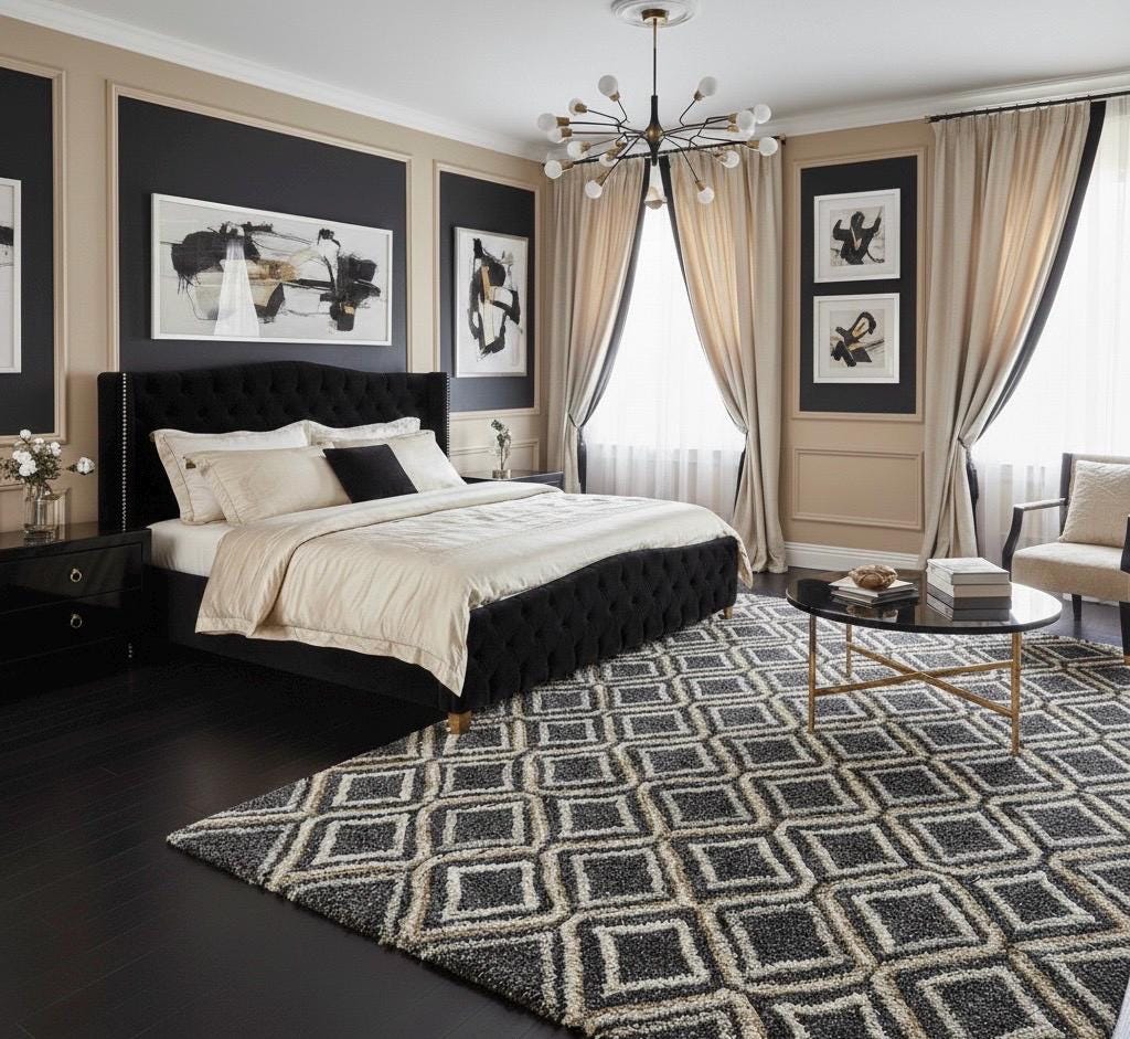 Large Geometric Diamond Area Rug, Black and Cream Modern Pattern Carpet, Plush High Pile Rug for Living Room Bedroom, Art Deco Style Decor