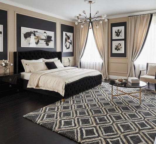 Large Geometric Diamond Area Rug, Black and Cream Modern Pattern Carpet, Plush High Pile Rug for Living Room Bedroom, Art Deco Style Decor