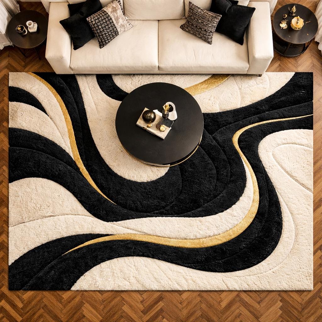 Hand Tufted Wool Rug | Black & Ivory Abstract Luxury Area Rug with Gold Accents | Artisan Made High Pile Statement Carpet for Modern Bedroom