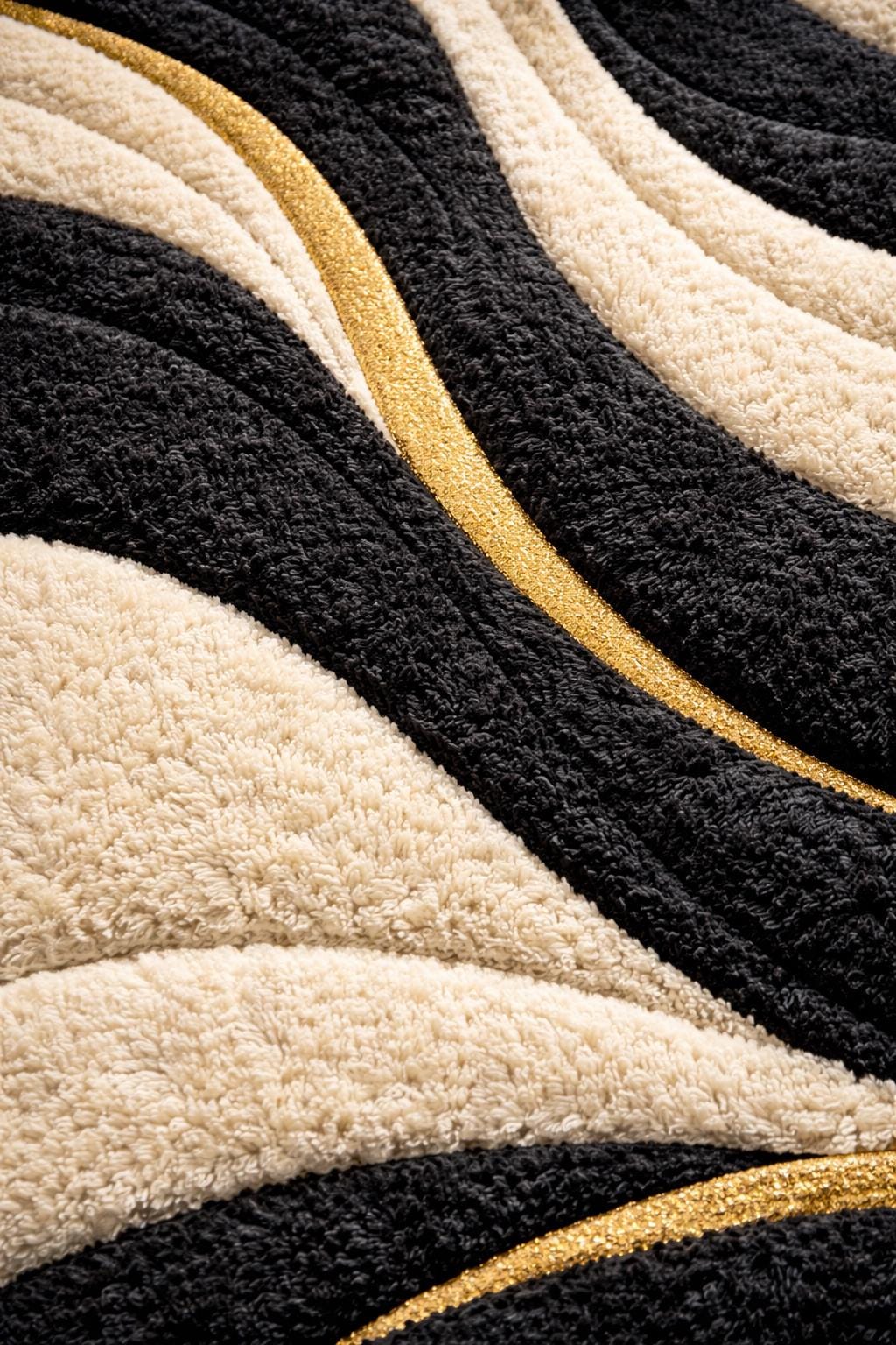 Hand Tufted Wool Rug | Black & Ivory Abstract Luxury Area Rug with Gold Accents | Artisan Made High Pile Statement Carpet for Modern Bedroom