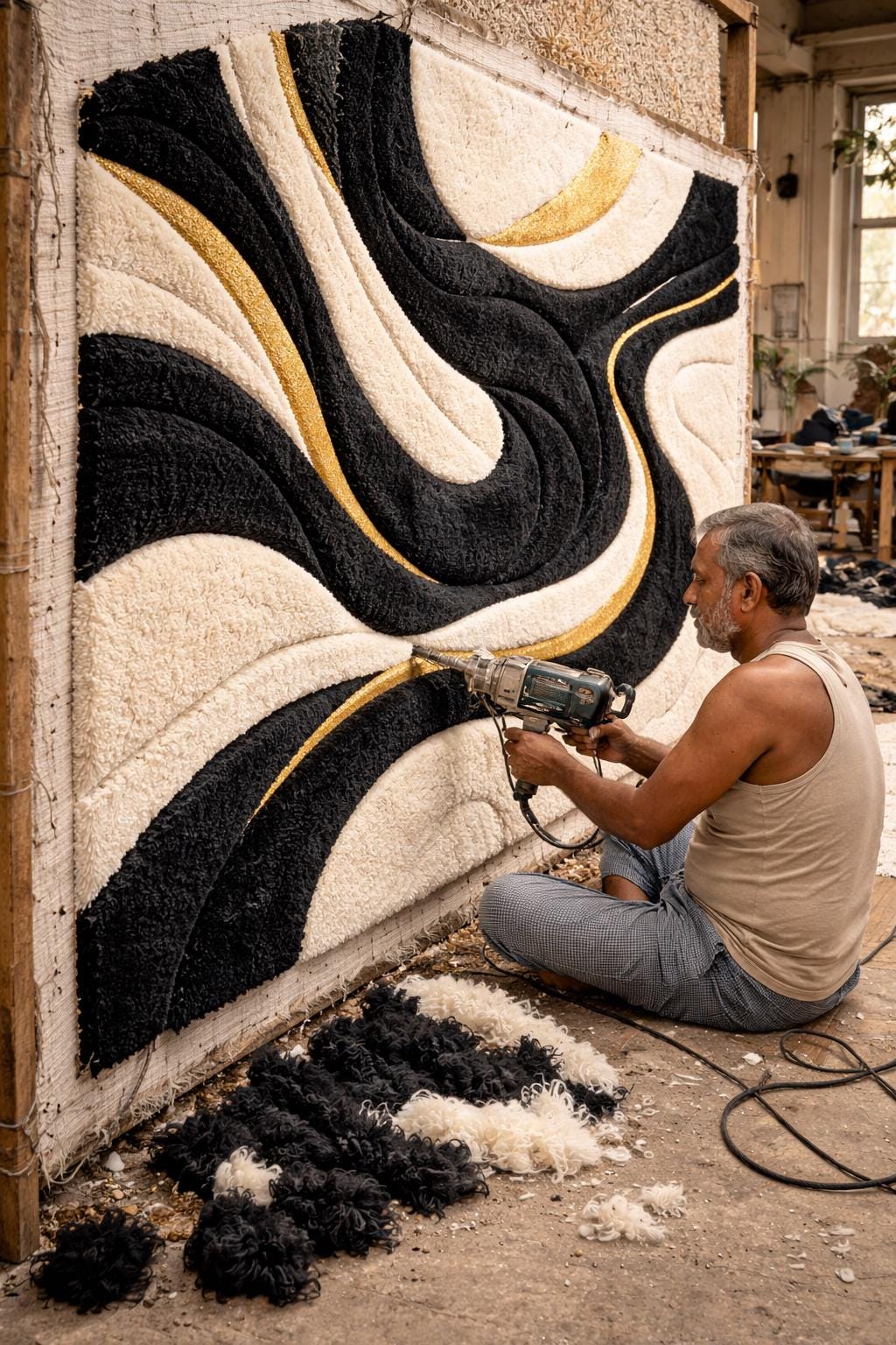 Hand Tufted Wool Rug | Black & Ivory Abstract Luxury Area Rug with Gold Accents | Artisan Made High Pile Statement Carpet for Modern Bedroom