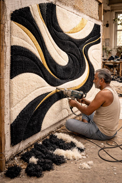 Hand Tufted Wool Rug | Black & Ivory Abstract Luxury Area Rug with Gold Accents | Artisan Made High Pile Statement Carpet for Modern Bedroom
