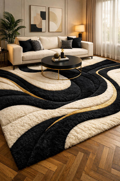Hand Tufted Wool Rug | Black & Ivory Abstract Luxury Area Rug with Gold Accents | Artisan Made High Pile Statement Carpet for Modern Bedroom