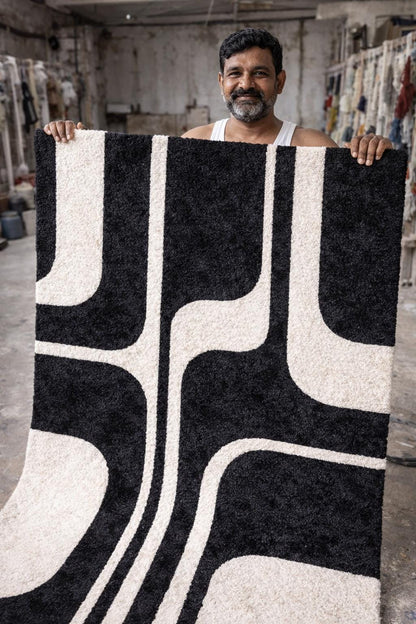 Luxury Black and White Rug | Modern Geometric Area Rug | Plush High Pile Living Room Carpet | Contemporary Statement Floor Decor rug | 9x12