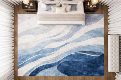 Luxury Blue Abstract Wool Rug • Modern Hand Tufted Area Rug • White Blue Contemporary Carpet • Plush Bedroom Rug • Large Living Room Rug •