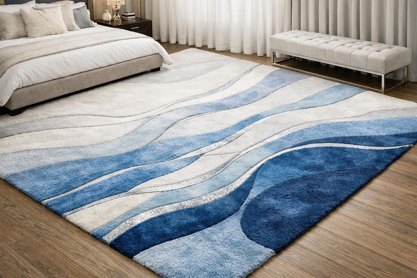 Luxury Blue Abstract Wool Rug • Modern Hand Tufted Area Rug • White Blue Contemporary Carpet • Plush Bedroom Rug • Large Living Room Rug •