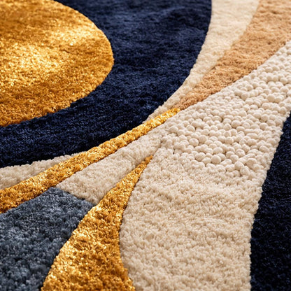 Luxury Abstract Hand Tufted Wool Rug, Modern Navy Beige Gold Area Rug, Contemporary Bedroom Rug, Plush High Low Texture Carpet, Living Room