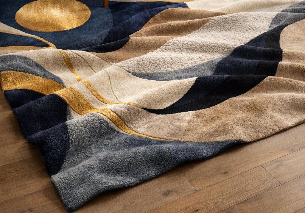 Luxury Abstract Hand Tufted Wool Rug, Modern Navy Beige Gold Area Rug, Contemporary Bedroom Rug, Plush High Low Texture Carpet, Living Room