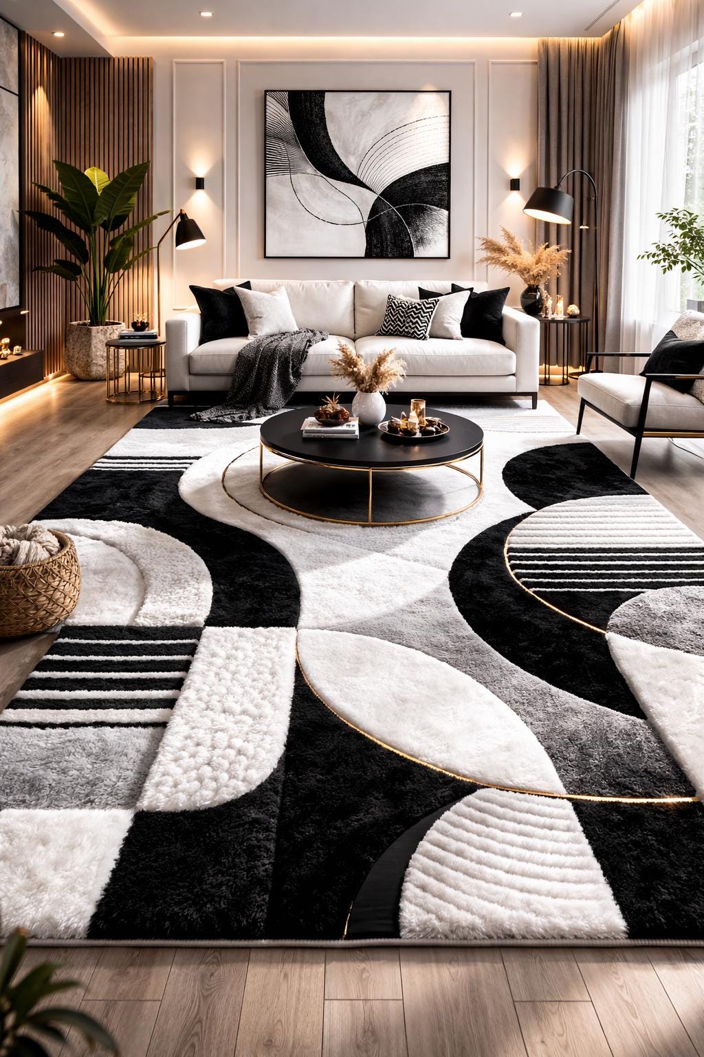 Luxury Black and White Abstract Rug | Modern Minimalist Area Rug | High Pile Plush Contemporary Carpet | Designer Living Room Statement Rug
