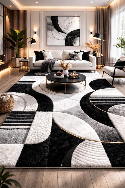 Luxury Black and White Abstract Rug | Modern Minimalist Area Rug | High Pile Plush Contemporary Carpet | Designer Living Room Statement Rug