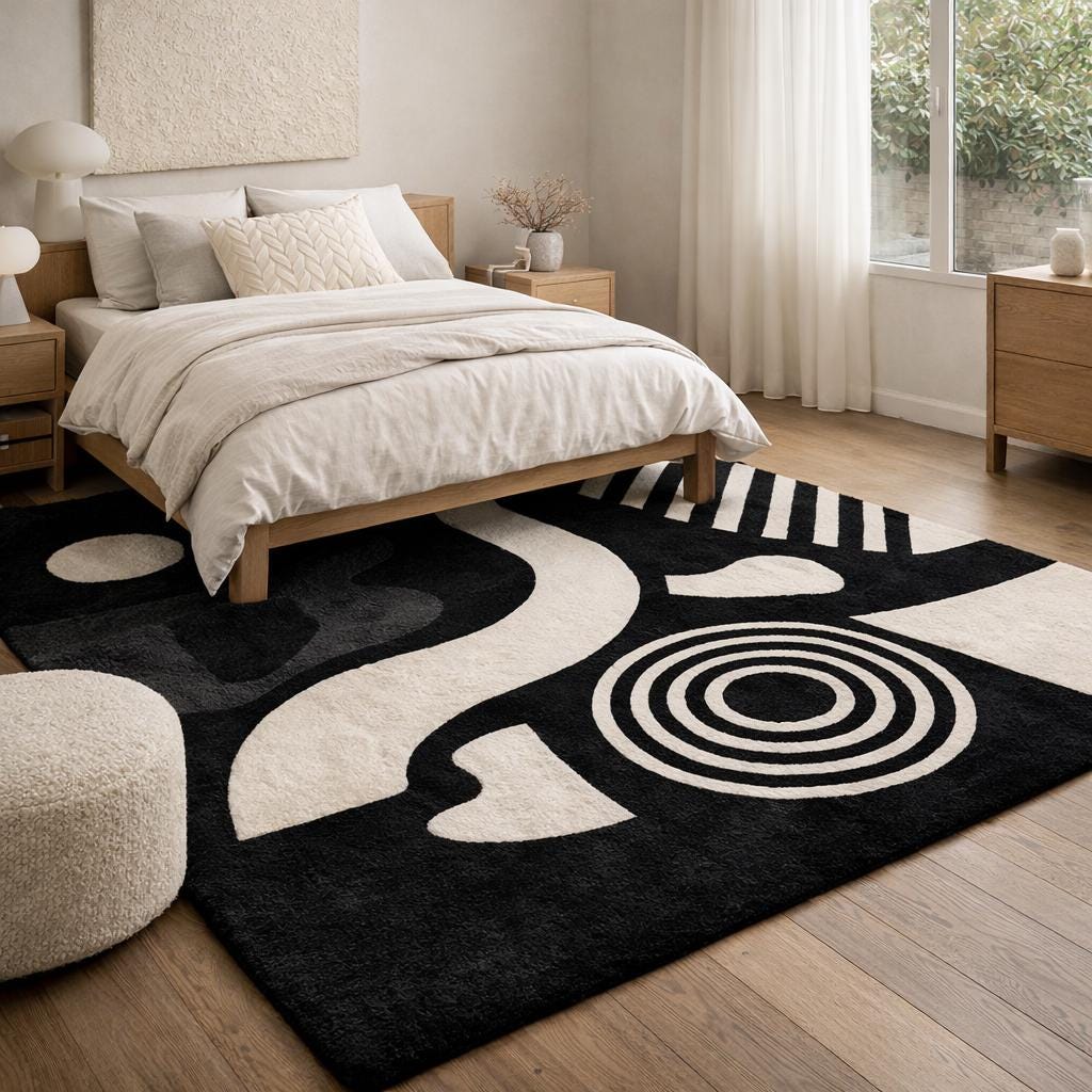 Black and White Abstract Rug | Hand Tufted Wool Area Rug | Modern Scandinavian Rug | Geometric Designer Carpet | Luxury Living Room Rug 9x12