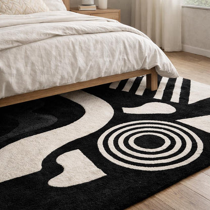Black and White Abstract Rug | Hand Tufted Wool Area Rug | Modern Scandinavian Rug | Geometric Designer Carpet | Luxury Living Room Rug 9x12